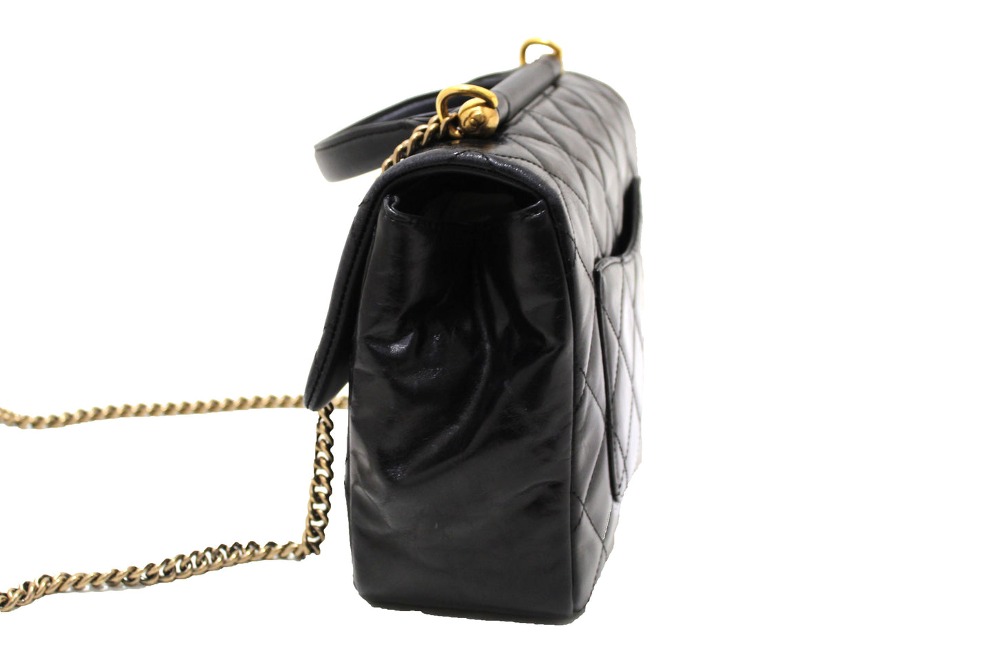 Chanel Black Aged Quilted Calfskin Leather Gold Bar Top Handle Medium Flap Bag