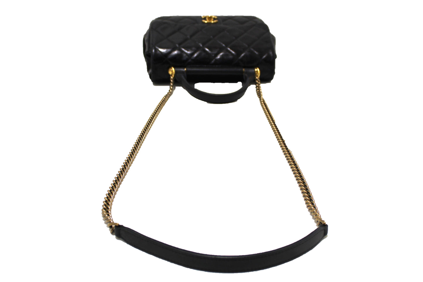 Chanel Black Aged Quilted Calfskin Leather Gold Bar Top Handle Medium Flap Bag