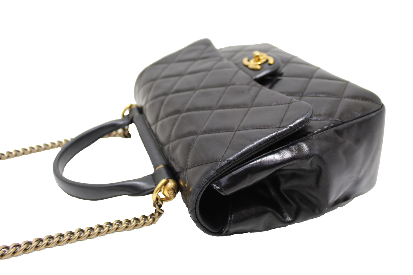Chanel Black Aged Quilted Calfskin Leather Gold Bar Top Handle Medium Flap Bag