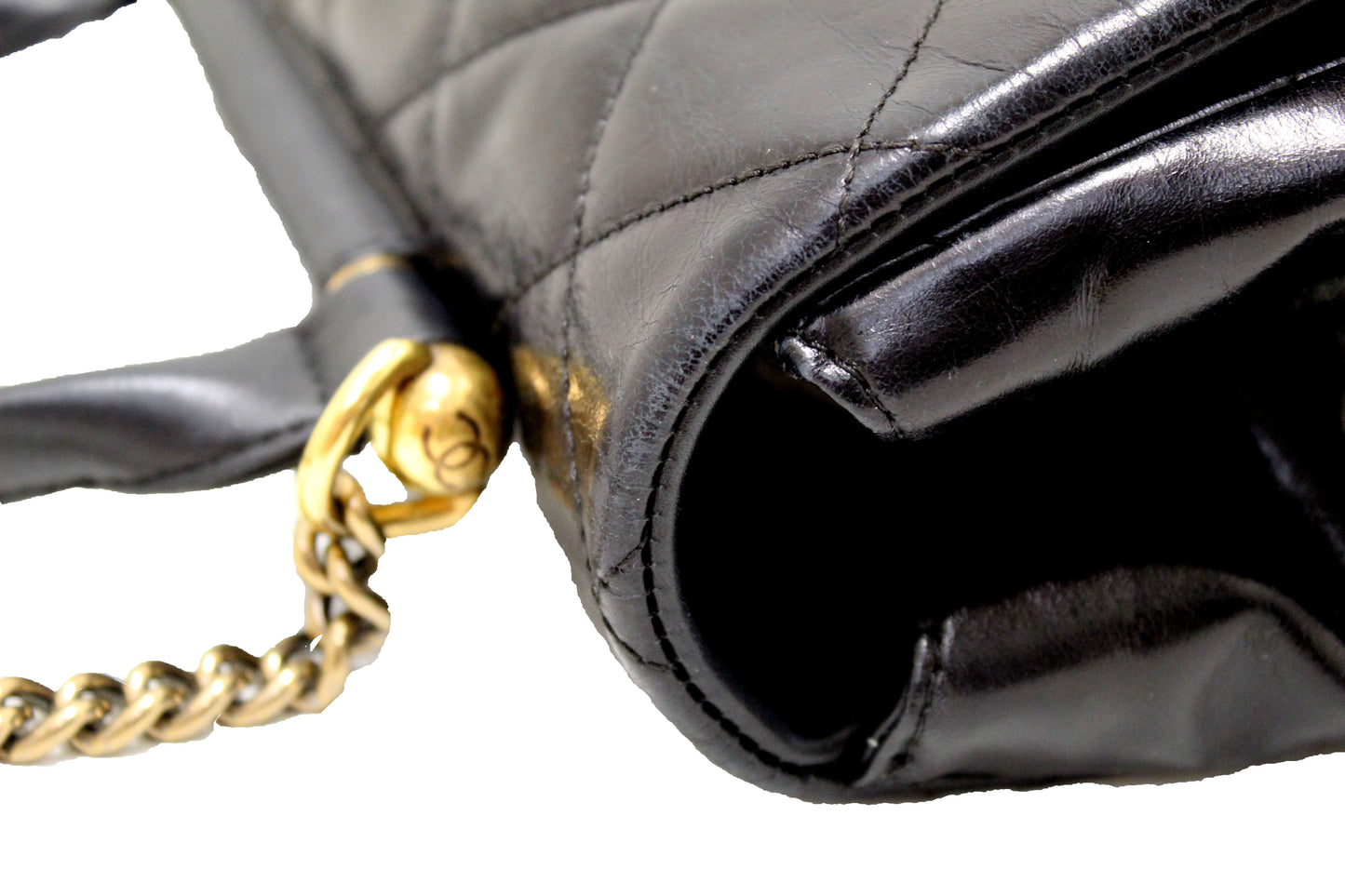 Chanel Black Aged Quilted Calfskin Leather Gold Bar Top Handle Medium Flap Bag