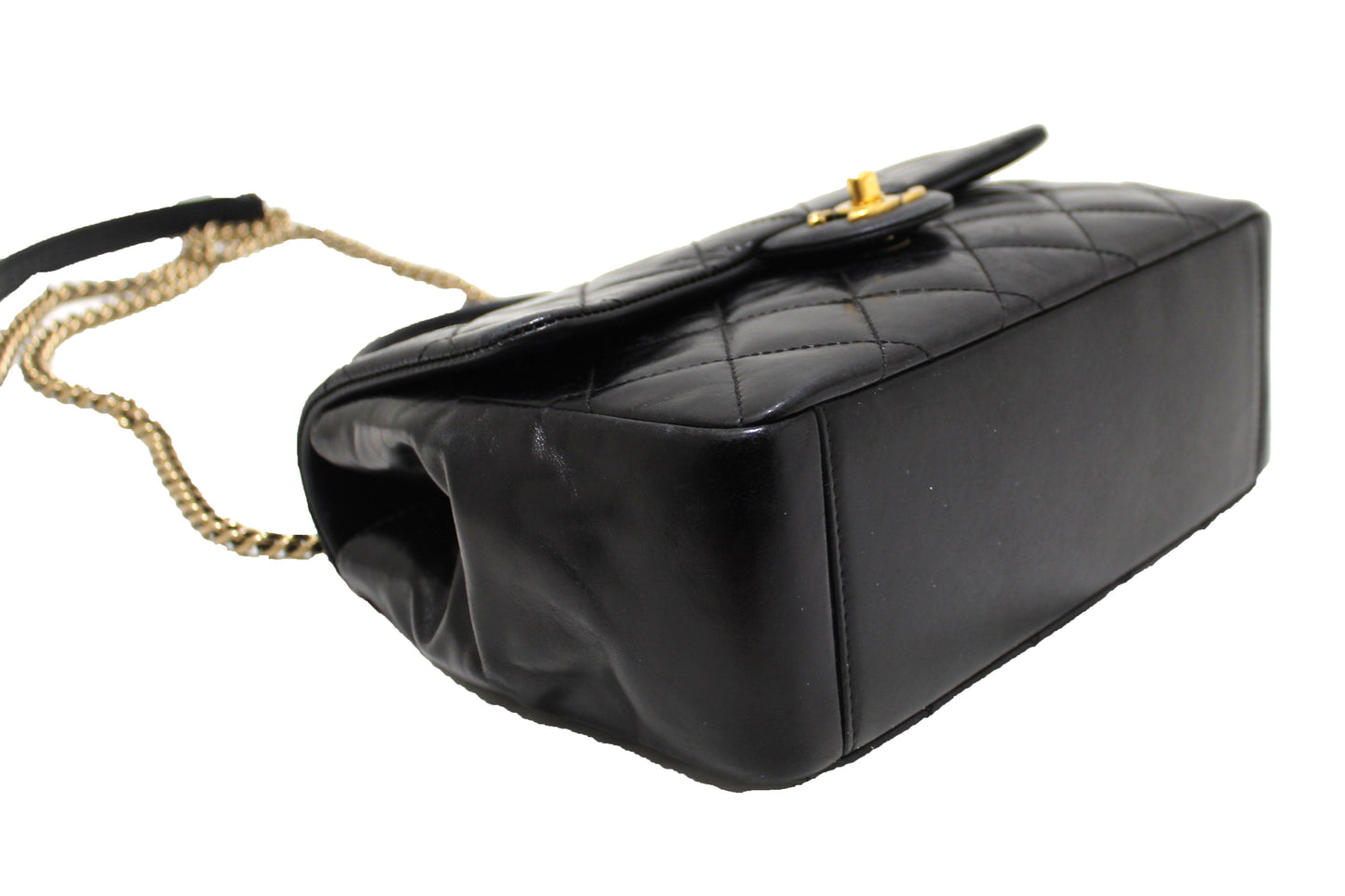Chanel Black Aged Quilted Calfskin Leather Gold Bar Top Handle Medium Flap Bag