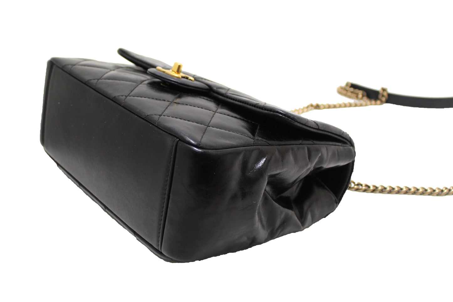 Chanel Black Aged Quilted Calfskin Leather Gold Bar Top Handle Medium Flap Bag