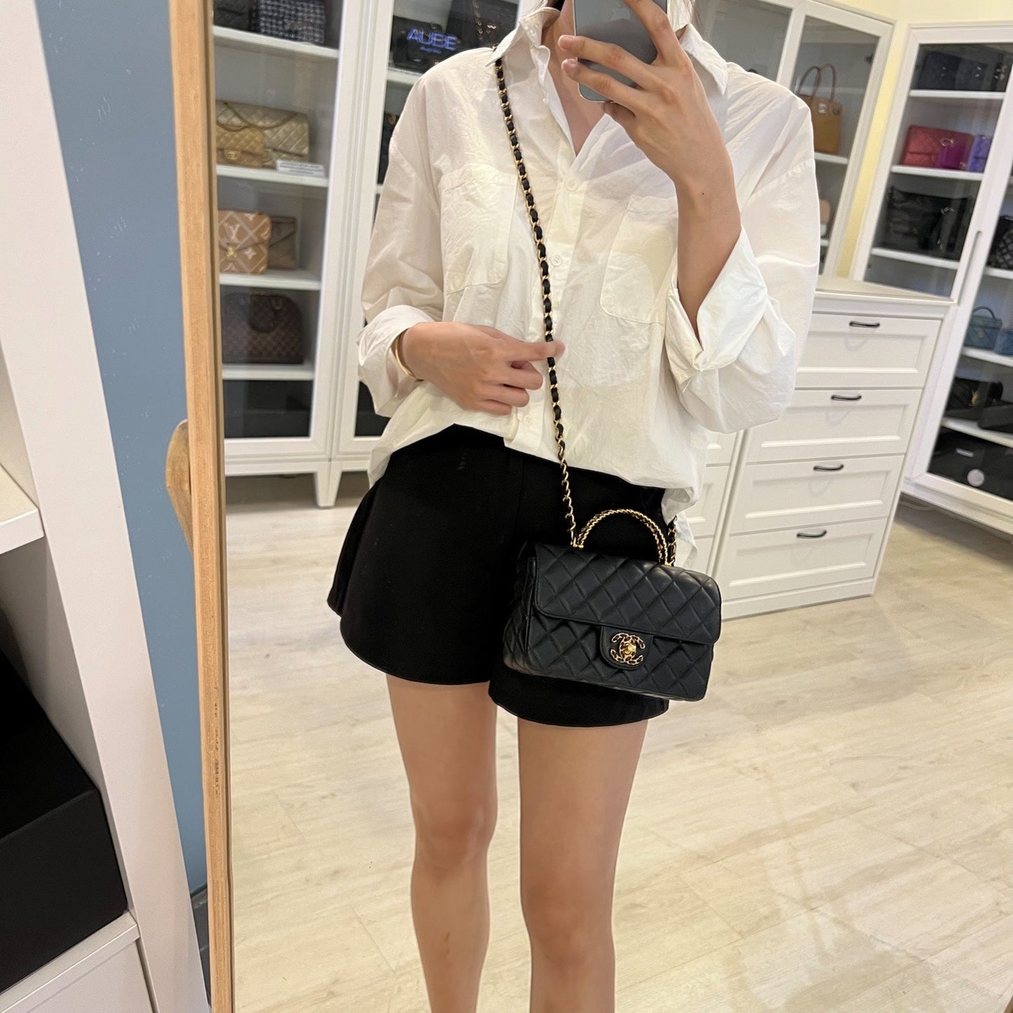 Chanel 24C "Pick Me Up" Top Handle Mini Rectangular Flap in Black Lambskin and AGHW (Model: AS4362)