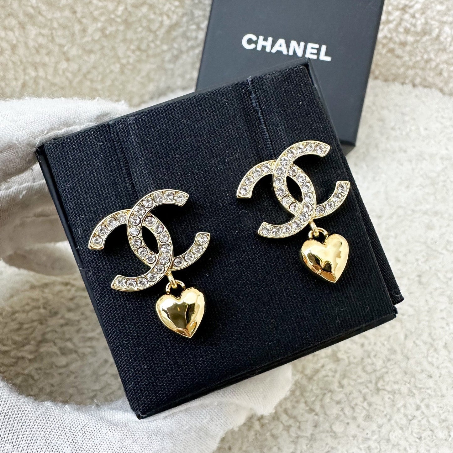 Chanel 23P Heart Dangling Earrings with Crystals in GHW