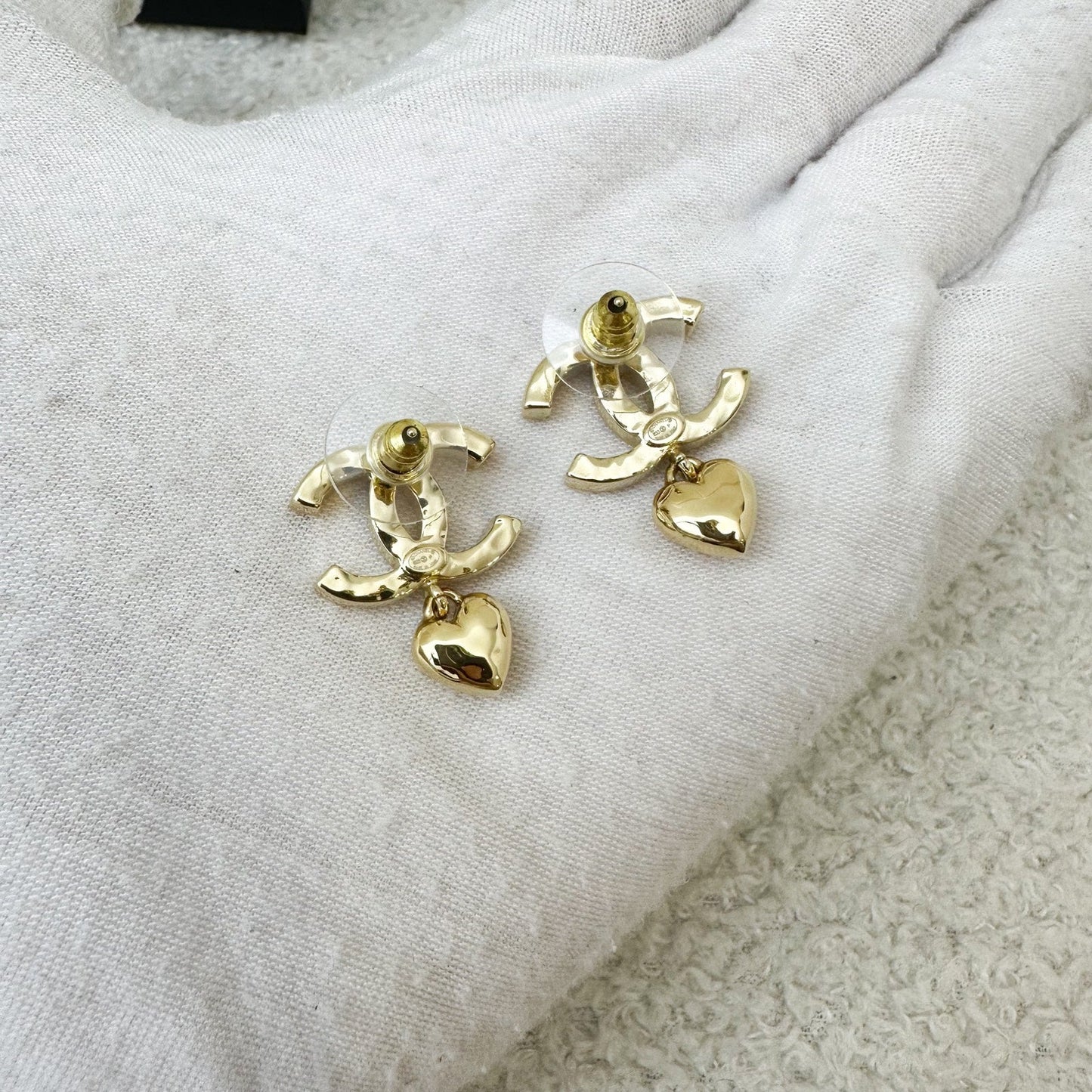 Chanel 23P Heart Dangling Earrings with Crystals in GHW