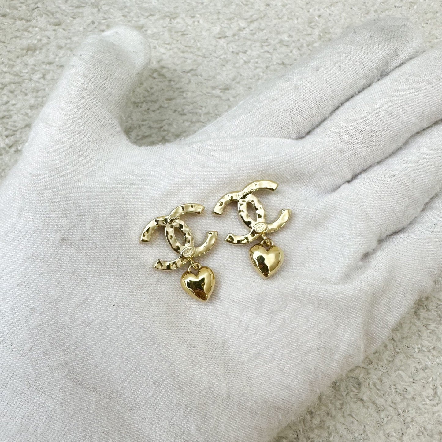 Chanel 23P Heart Dangling Earrings with Crystals in GHW