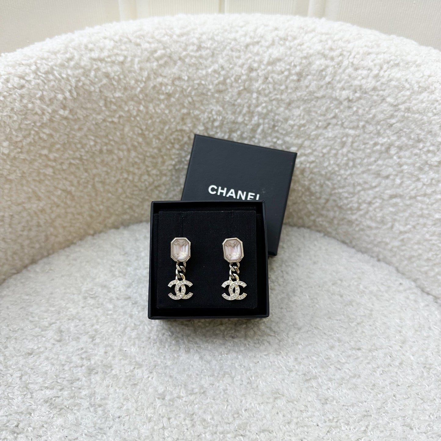 Chanel 22B Lilac Resin with Dangling Crystals Logo Earrings in AGHW