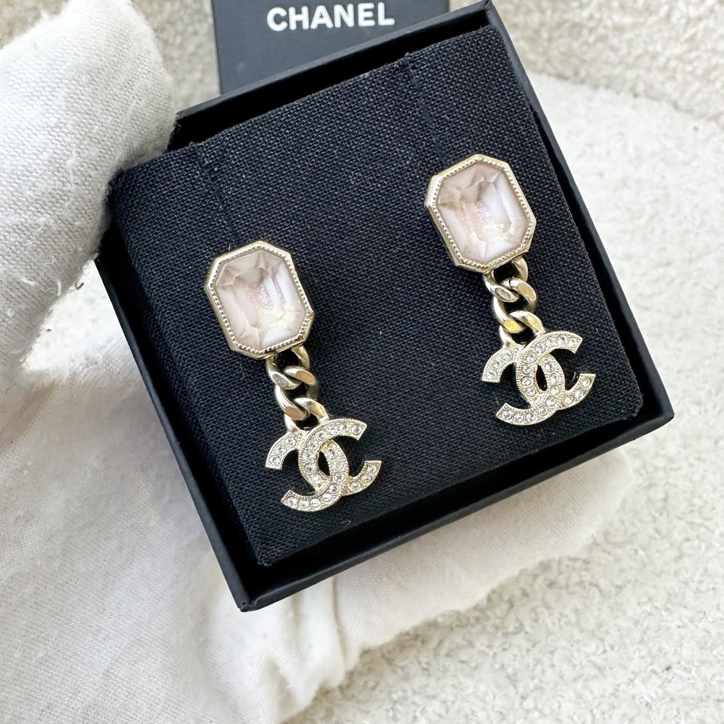 Chanel 22B Lilac Resin with Dangling Crystals Logo Earrings in AGHW