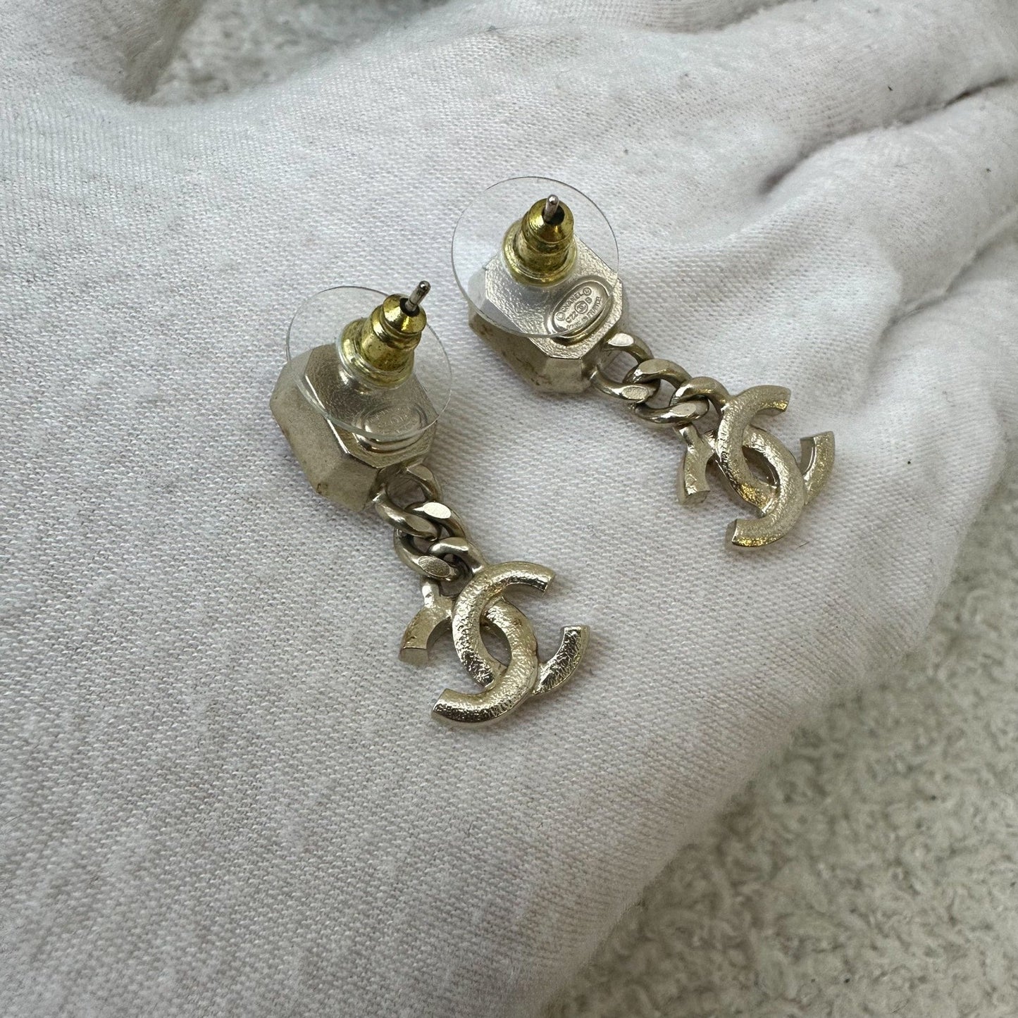 Chanel 22B Lilac Resin with Dangling Crystals Logo Earrings in AGHW