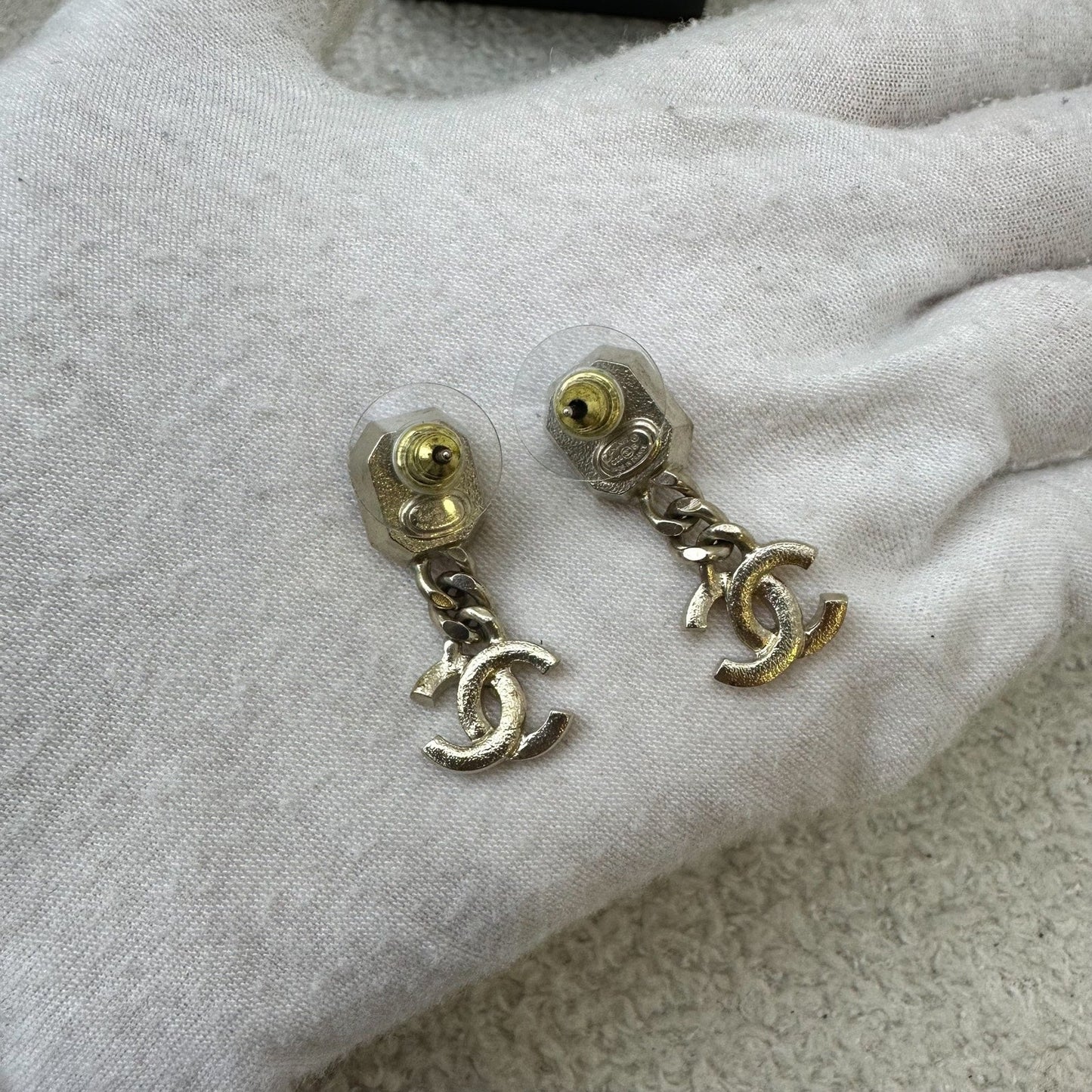 Chanel 22B Lilac Resin with Dangling Crystals Logo Earrings in AGHW