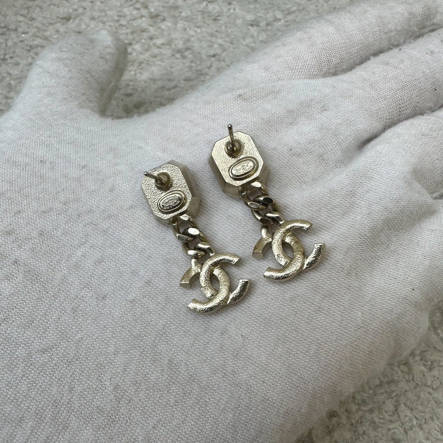 Chanel 22B Lilac Resin with Dangling Crystals Logo Earrings in AGHW