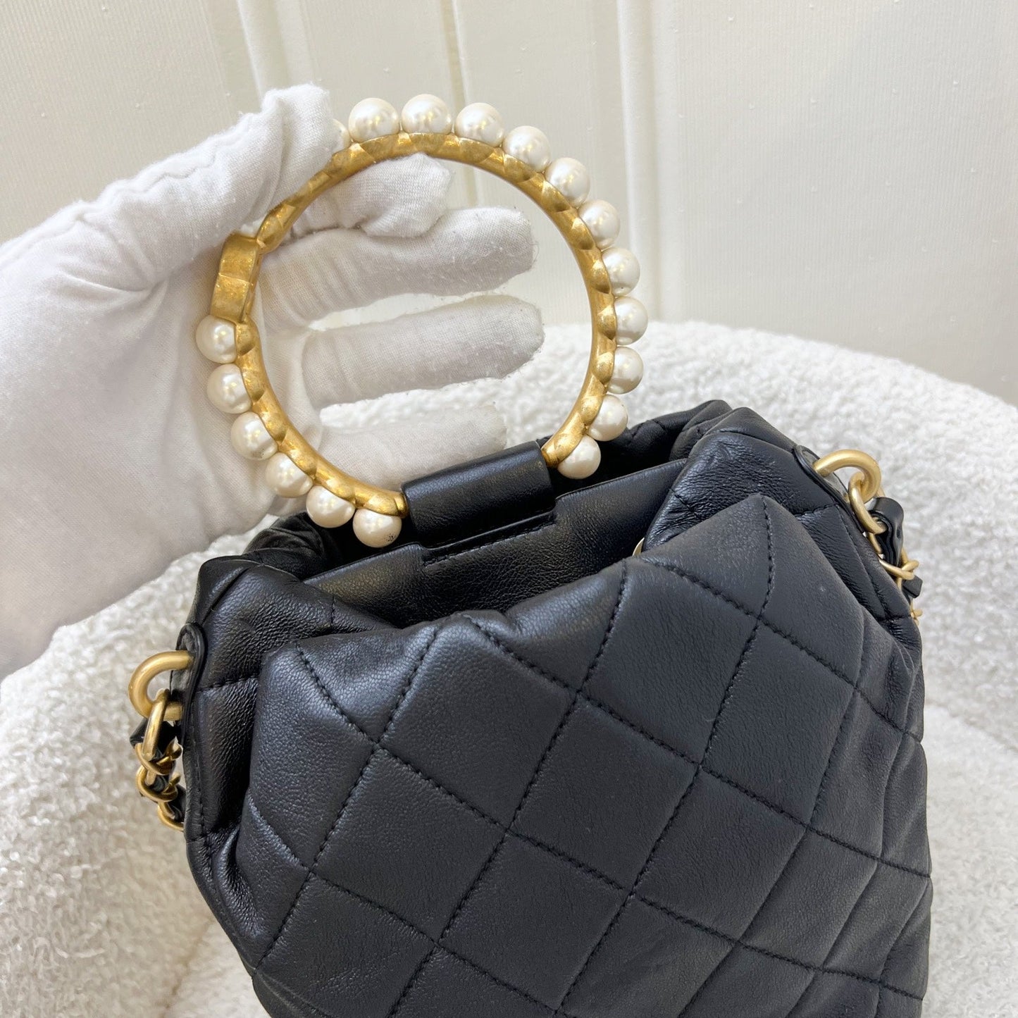 Chanel Pearl Handle Mini Drawstring Bucket Bag in Black Lambskin and AGHW (Model: AS2608)