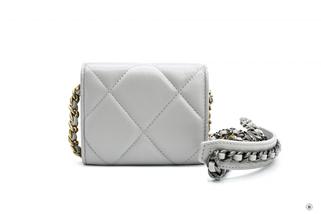Chanel AP1787B04852 19 Flap Coin Purse With Two Tones Gold And Gunmeta Light Grey / NC634 Lambskin Short Wallet Gbhw