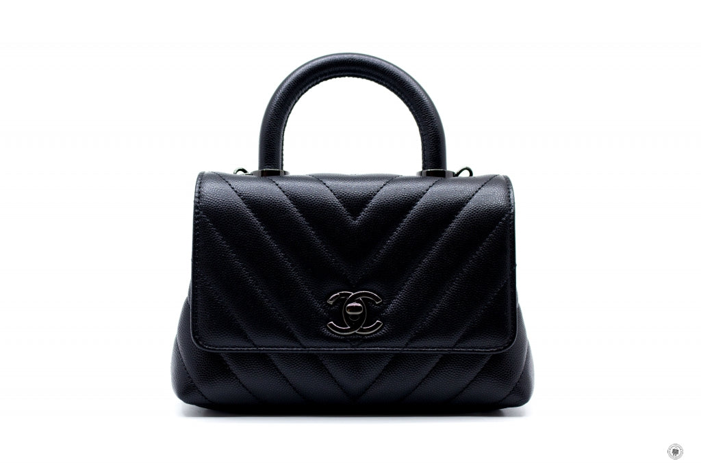 Chanel AS2215B06818 Mini Chevron Coco Handle Black / 94305 Caviar Shoulder Bags Bkhw
