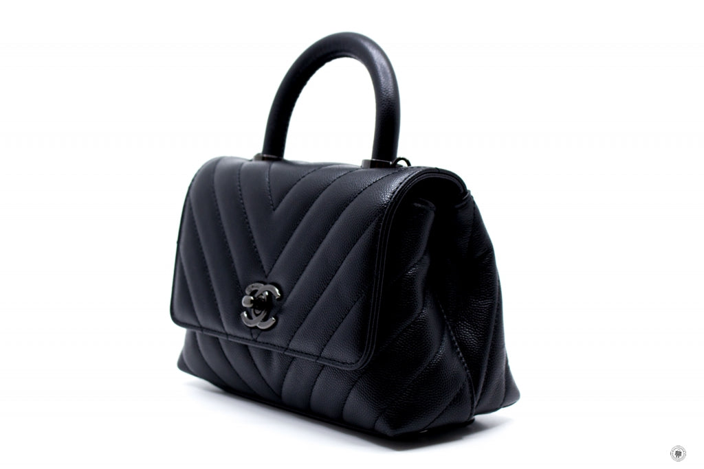 Chanel AS2215B06818 Mini Chevron Coco Handle Black / 94305 Caviar Shoulder Bags Bkhw