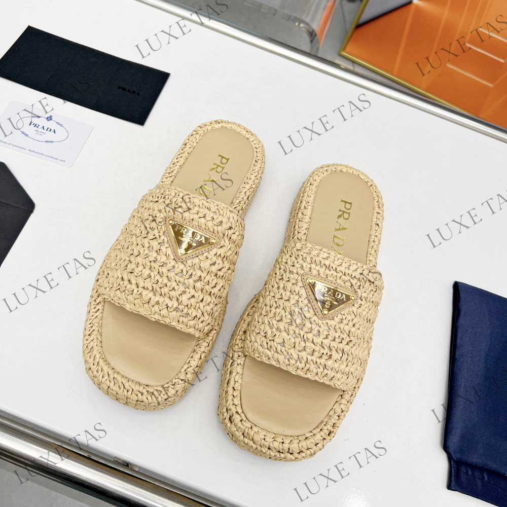Natural Crochet Flatform Slides Designer Slides & Sandals for Women