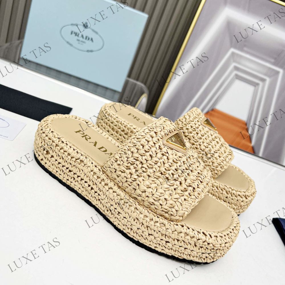Natural Crochet Flatform Slides Designer Slides & Sandals for Women