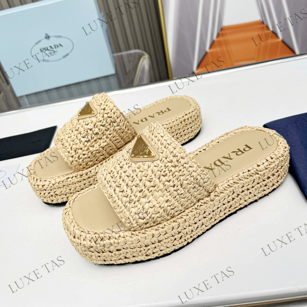 Natural Crochet Flatform Slides Designer Slides & Sandals for Women