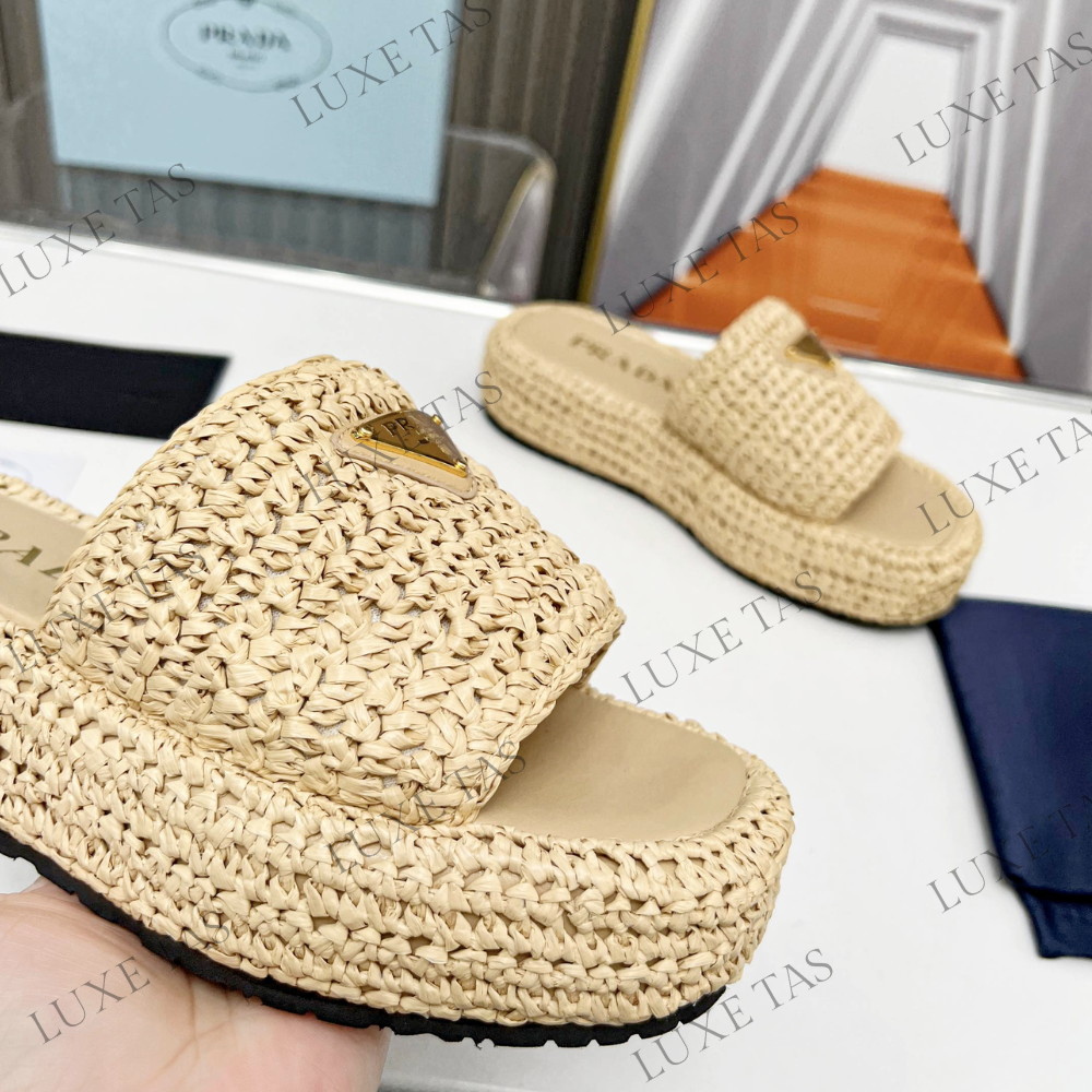 Natural Crochet Flatform Slides Designer Slides & Sandals for Women