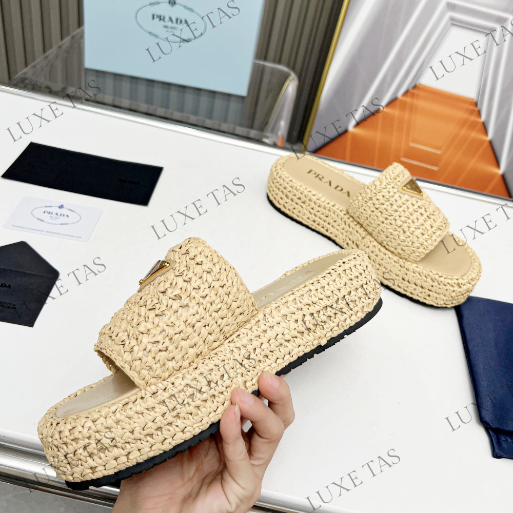 Natural Crochet Flatform Slides Designer Slides & Sandals for Women