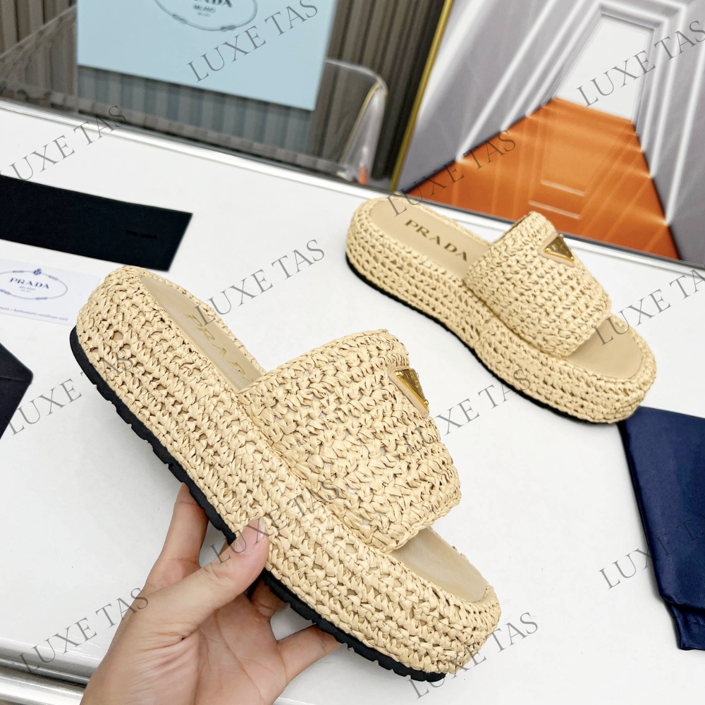 Natural Crochet Flatform Slides Designer Slides & Sandals for Women