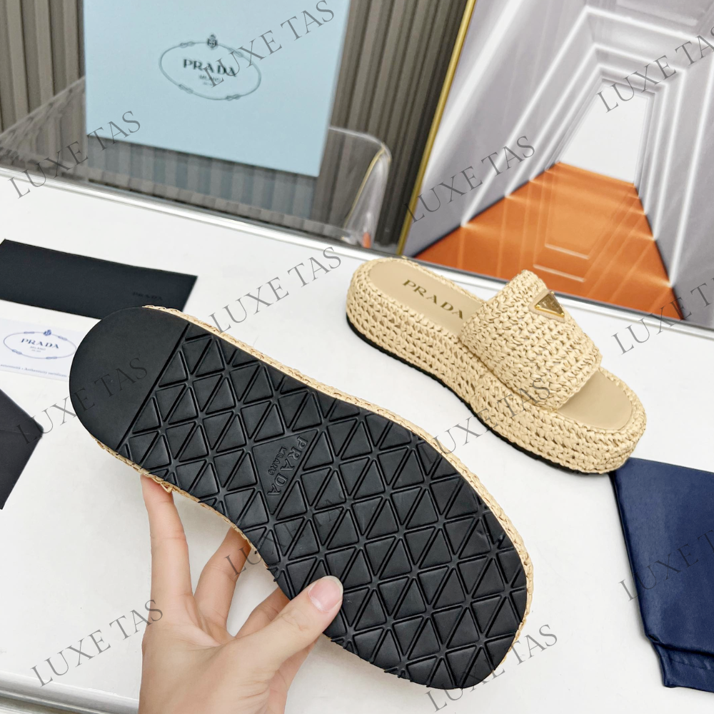 Natural Crochet Flatform Slides Designer Slides & Sandals for Women