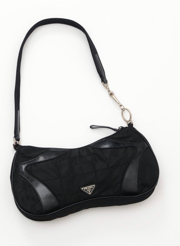 PRADA TESSUTO NYLON SOFT CALFSKIN LEATHER KIDNEY SHOULDER BAG