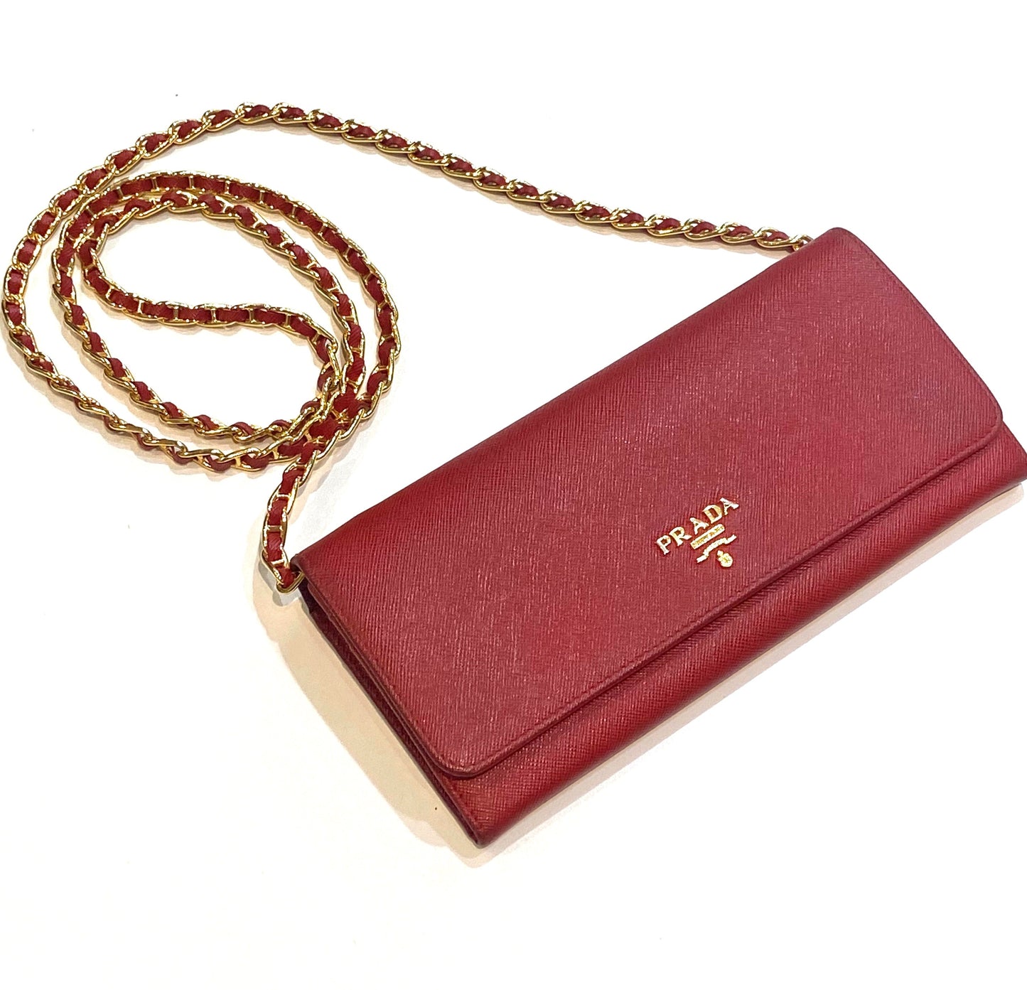 PRADA SAFFIANO LUX LEATHER ORO WALLET ON CHAIN