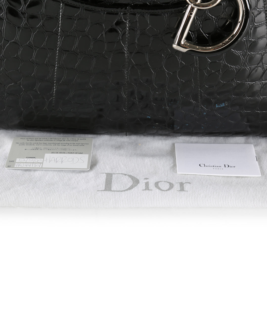 CHRISTIAN DIOR Black Crocodile Embossed Patent Leather 61 Large Shoulder Bag
