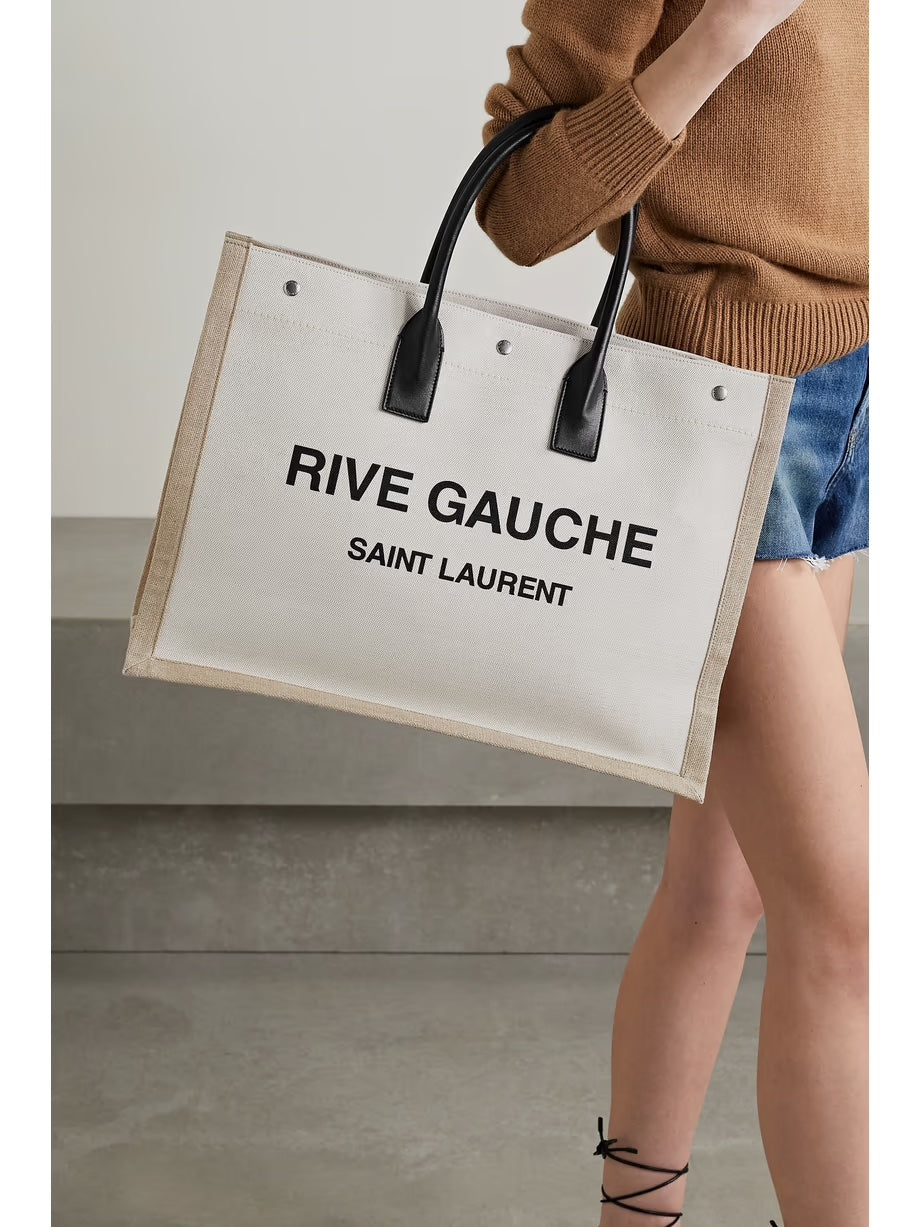 SAINT LAURENT RIVE GAUCHE LEATHER TRIMMED PRINTED CANVAS TOTE BAG