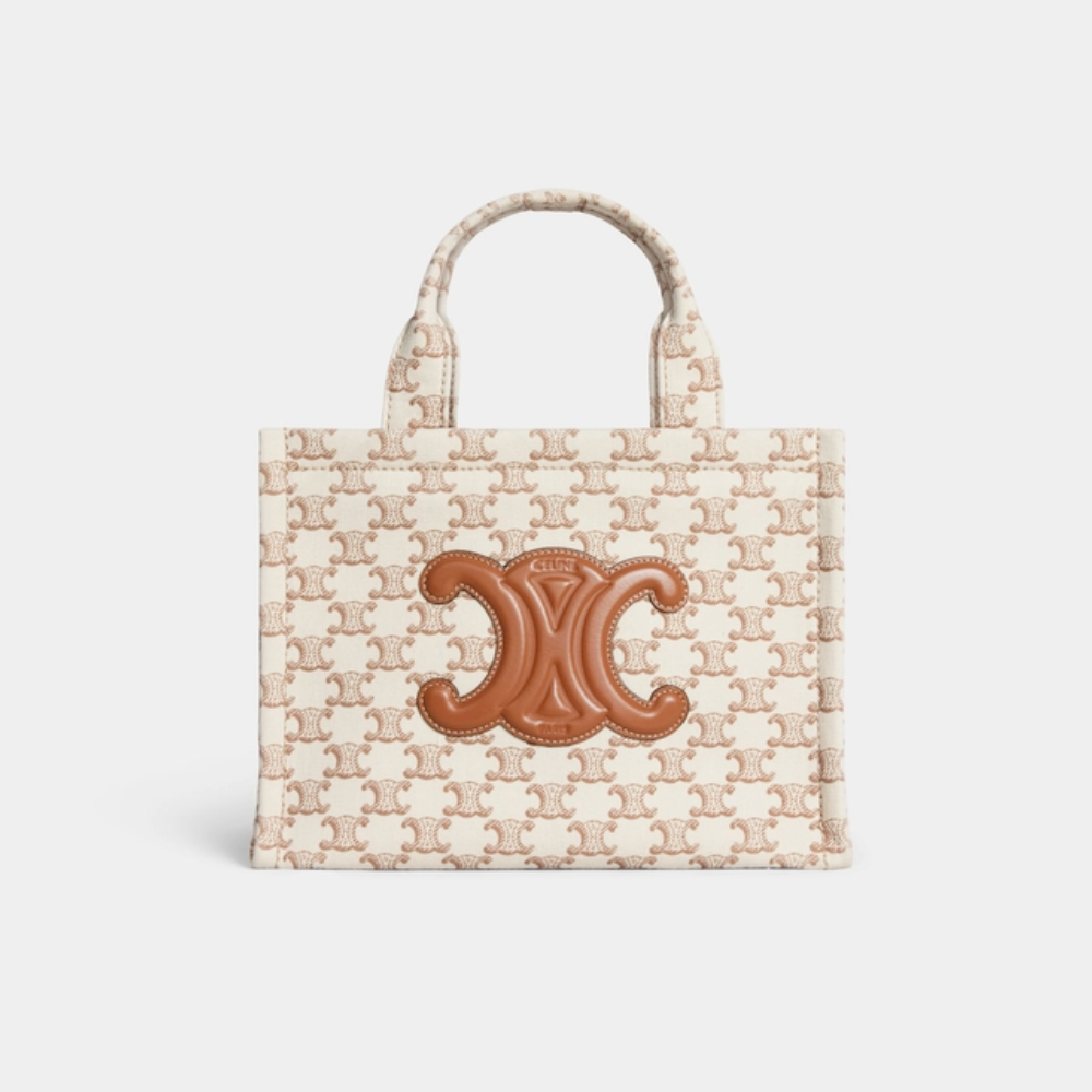 Small Cabas Thais In Textile With Triomphe Canvas Print And Calfskin White - Tote Bag for Women