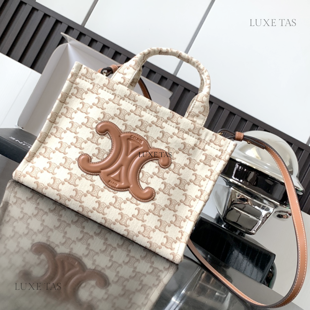 Small Cabas Thais In Textile With Triomphe Canvas Print And Calfskin White - Tote Bag for Women