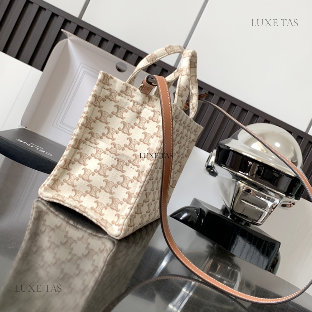 Small Cabas Thais In Textile With Triomphe Canvas Print And Calfskin White - Tote Bag for Women