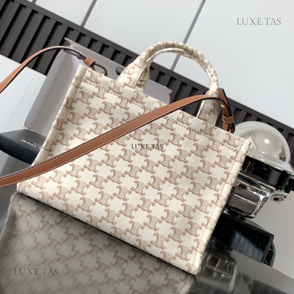 Small Cabas Thais In Textile With Triomphe Canvas Print And Calfskin White - Tote Bag for Women