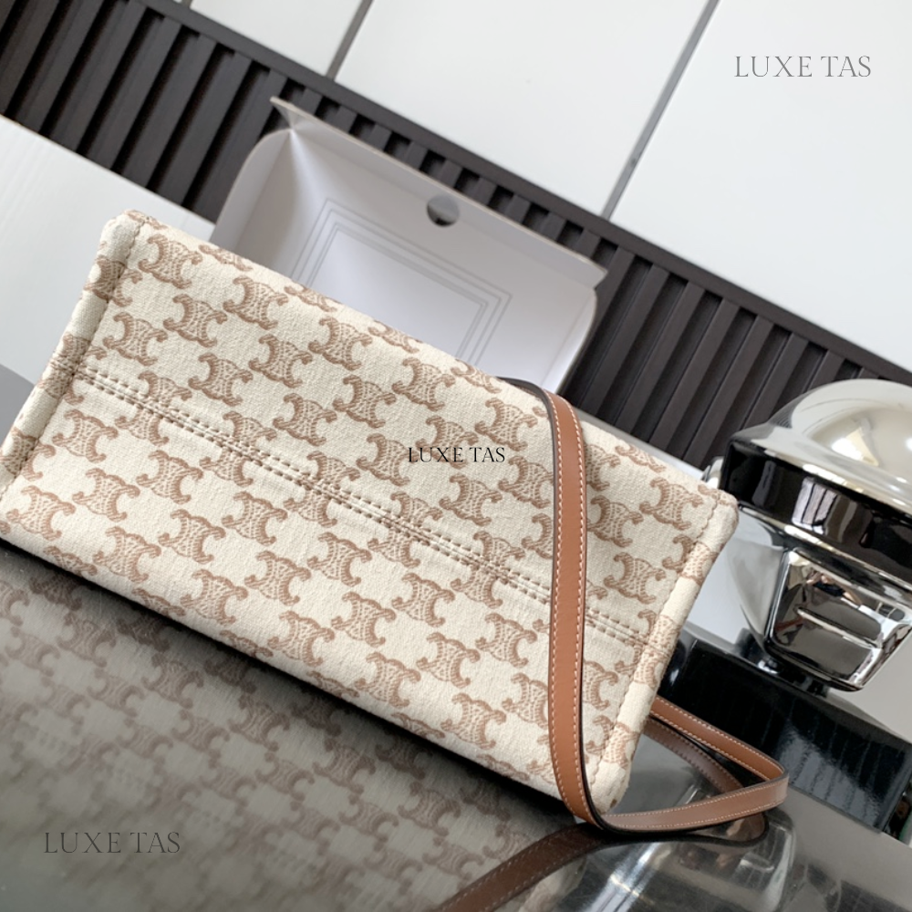 Small Cabas Thais In Textile With Triomphe Canvas Print And Calfskin White - Tote Bag for Women