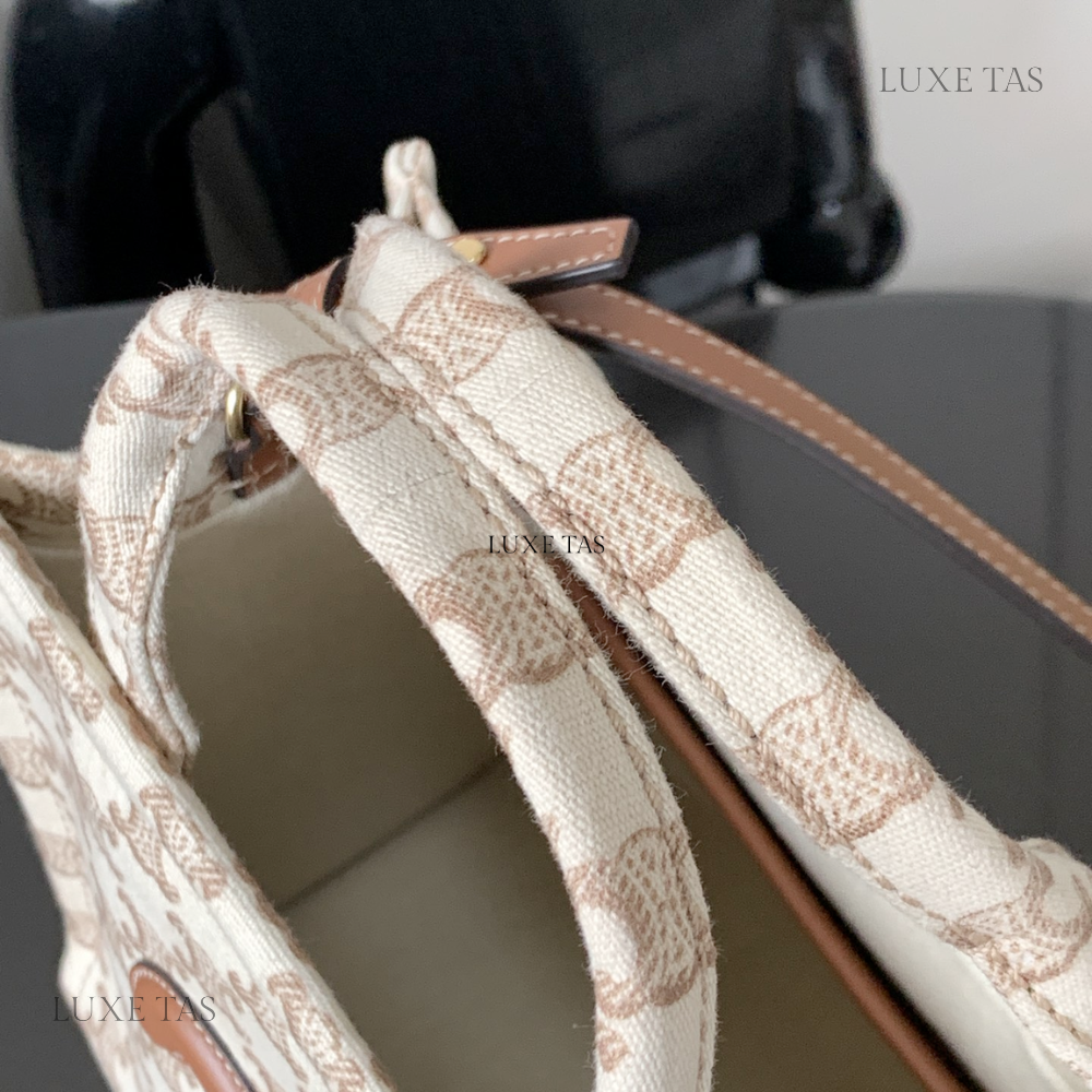 Small Cabas Thais In Textile With Triomphe Canvas Print And Calfskin White - Tote Bag for Women
