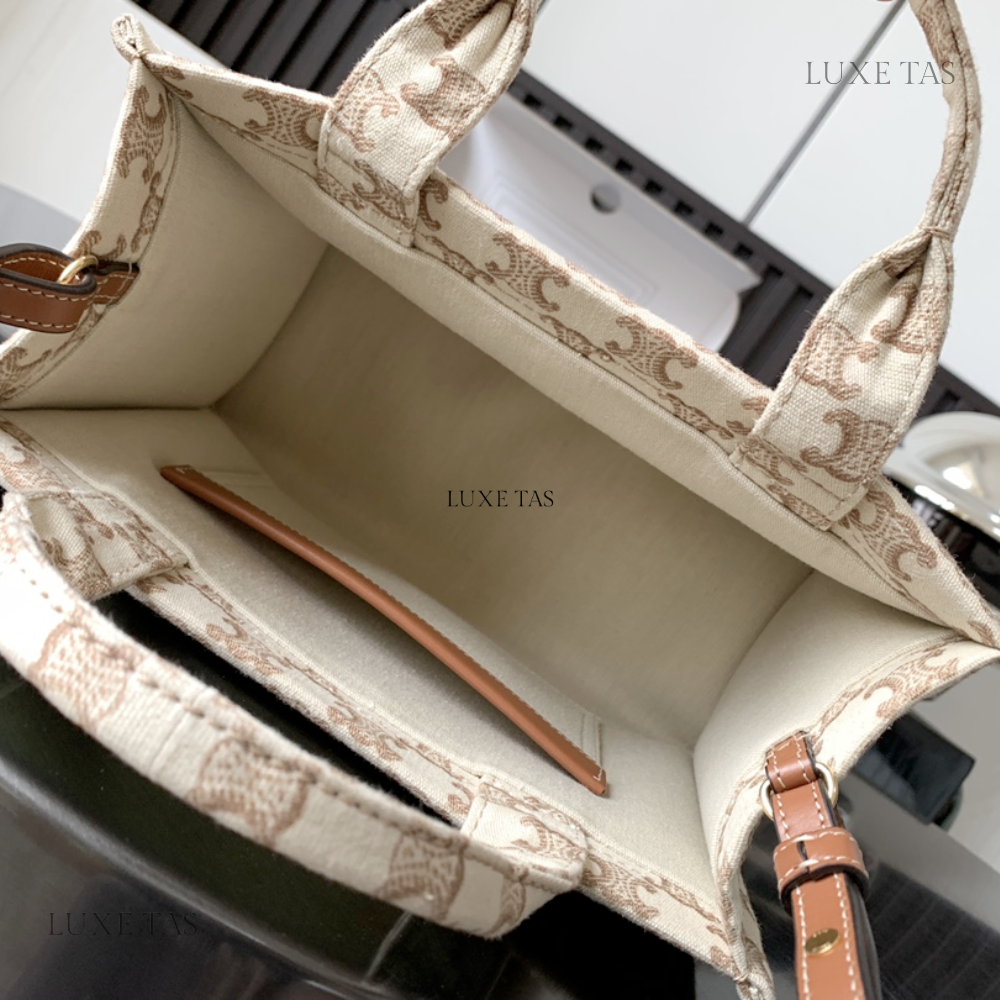 Small Cabas Thais In Textile With Triomphe Canvas Print And Calfskin White - Tote Bag for Women