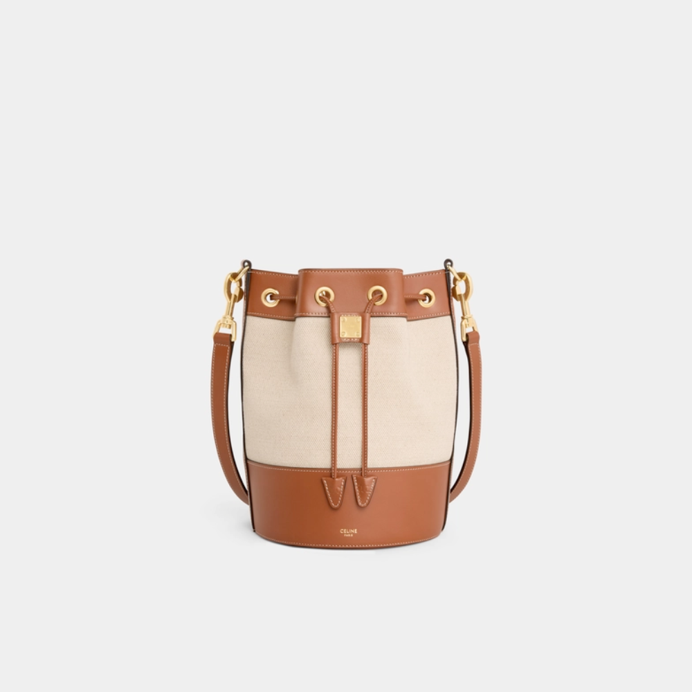 Small Drawstring Cabas Marin In Textile And Calfskin Natural / Tan Leather Bucket Bag for Women
