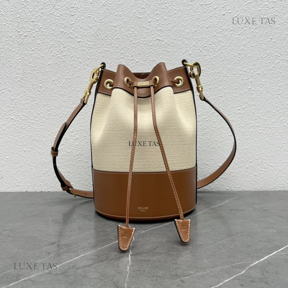 Small Drawstring Cabas Marin In Textile And Calfskin Natural / Tan Leather Bucket Bag for Women