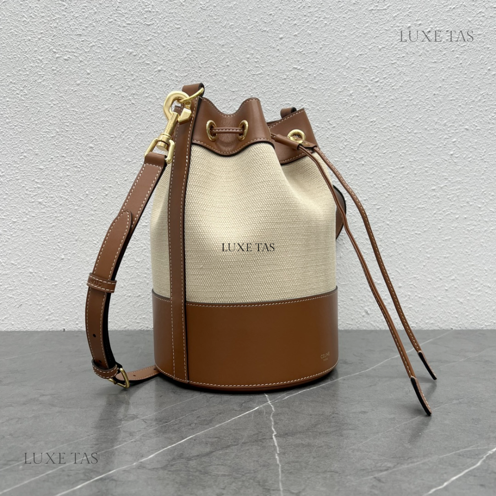 Small Drawstring Cabas Marin In Textile And Calfskin Natural / Tan Leather Bucket Bag for Women