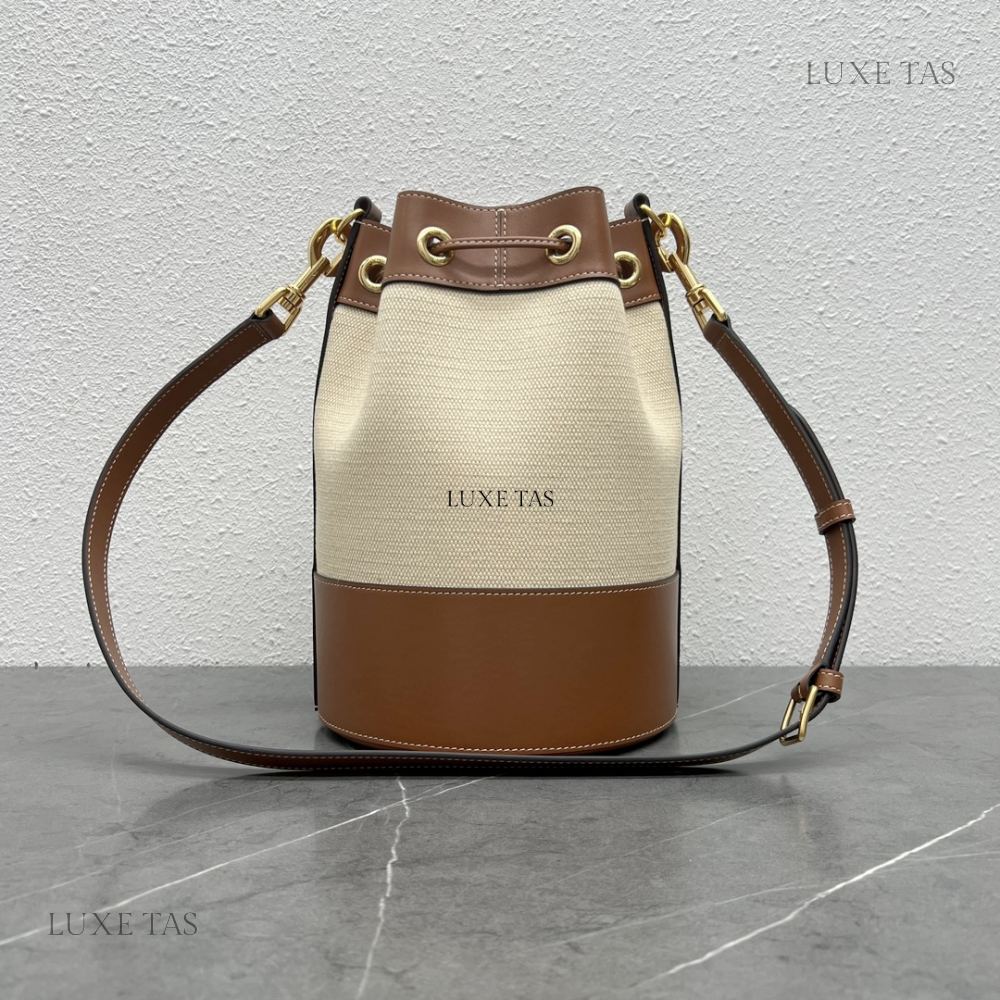 Small Drawstring Cabas Marin In Textile And Calfskin Natural / Tan Leather Bucket Bag for Women