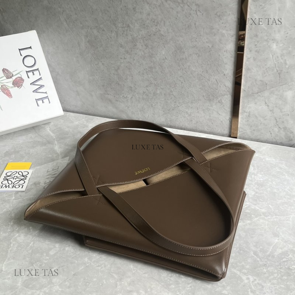 Umber Large Puzzle Fold Tote In Shiny Calfskin Leather Tote Bag for Women
