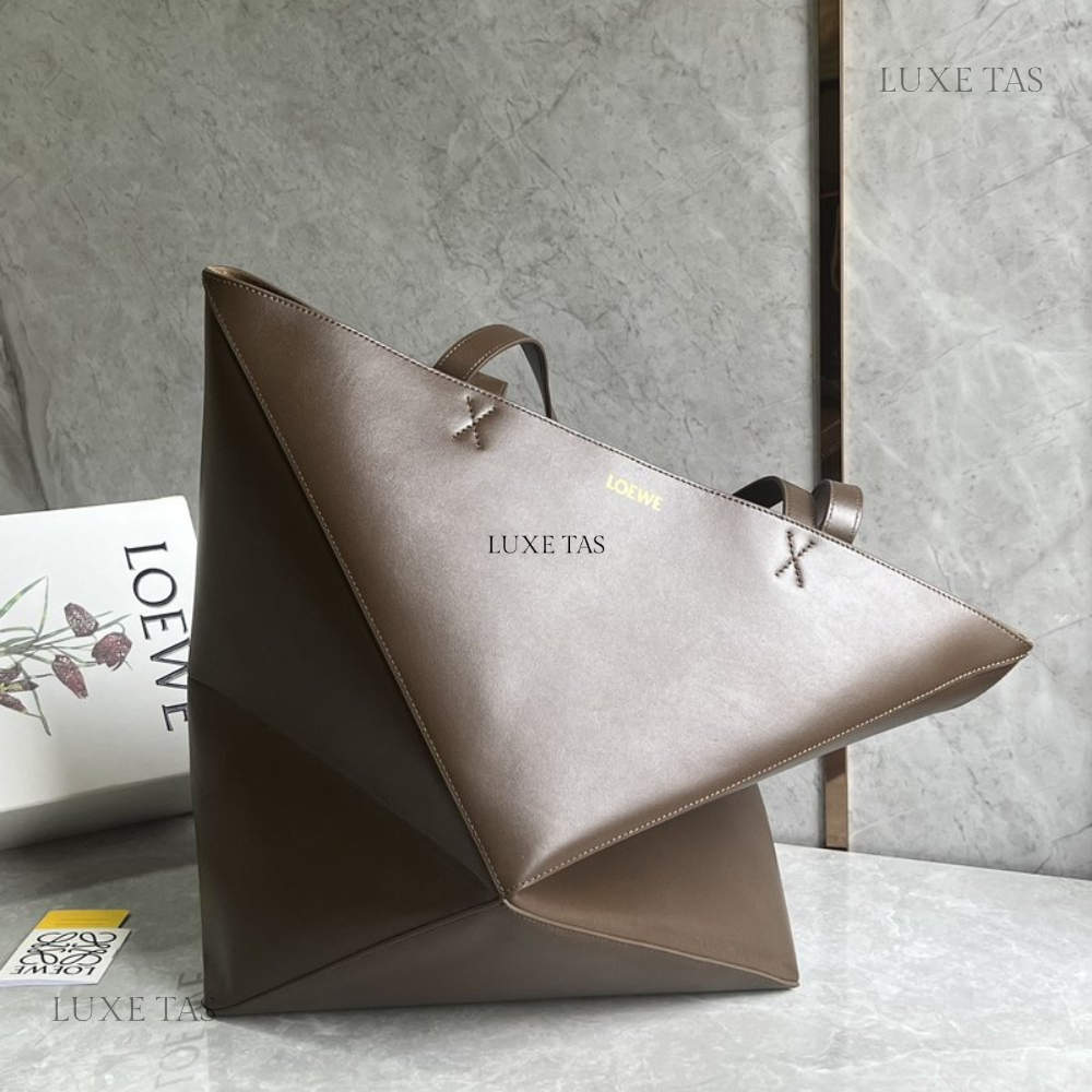 Umber Large Puzzle Fold Tote In Shiny Calfskin Leather Tote Bag for Women