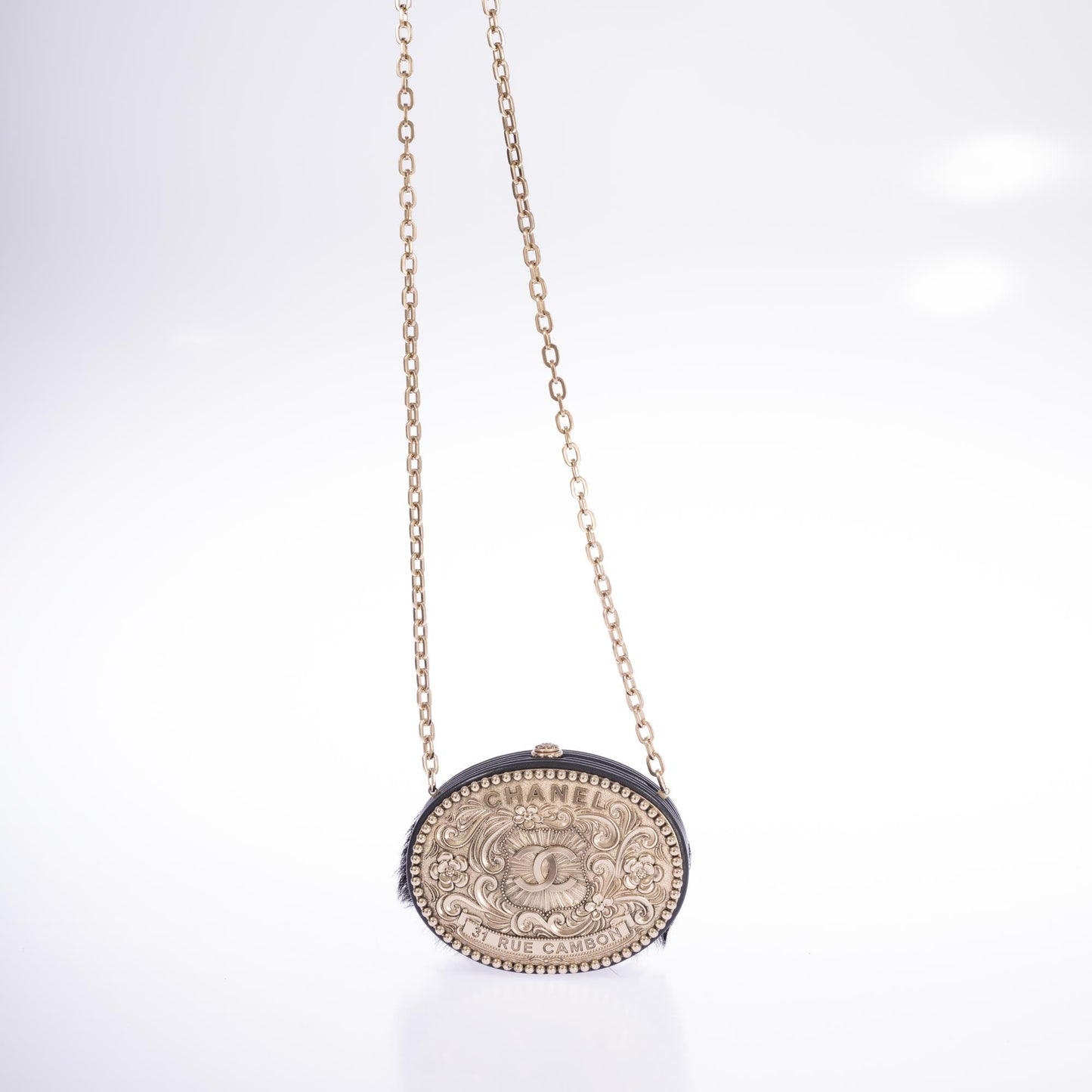 Vintage Chanel Paris-Dallas Black Leather & Pony-hair Belt Buckle Minaudière Palladium Hardware