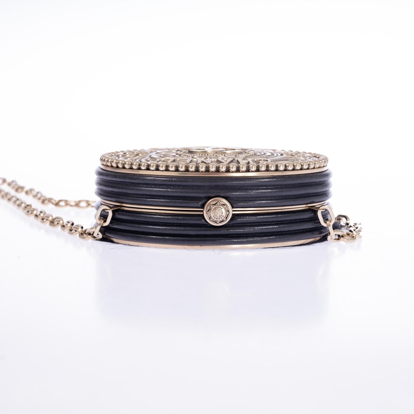 Vintage Chanel Paris-Dallas Black Leather & Pony-hair Belt Buckle Minaudière Palladium Hardware