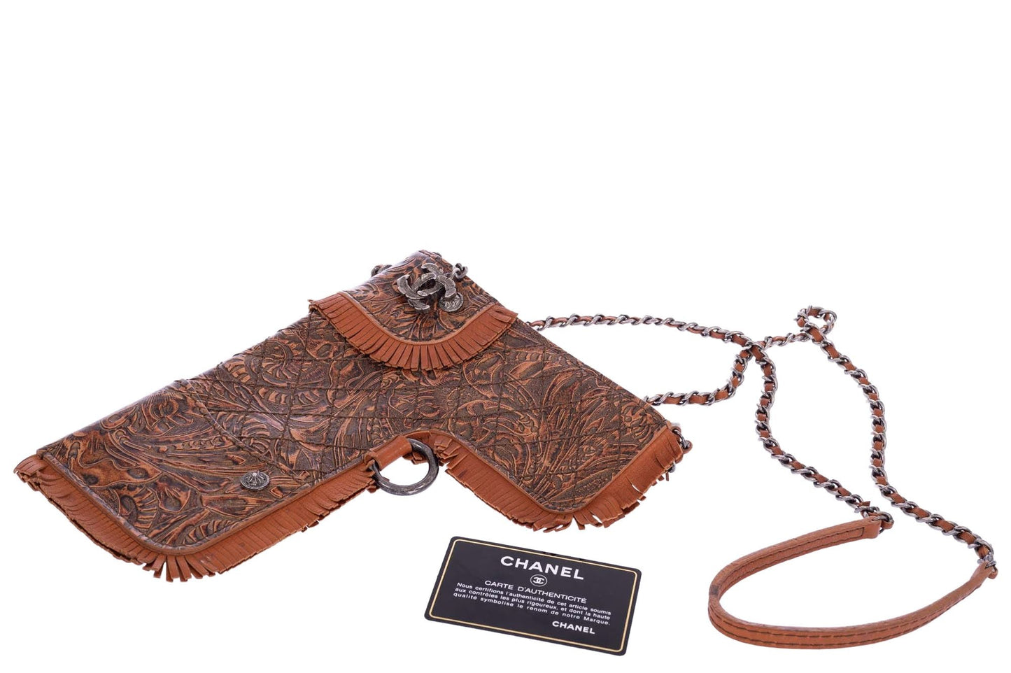 Vintage Chanel Rare Limited Fringe Brown Embossed Gun Holster Crossbody Bag