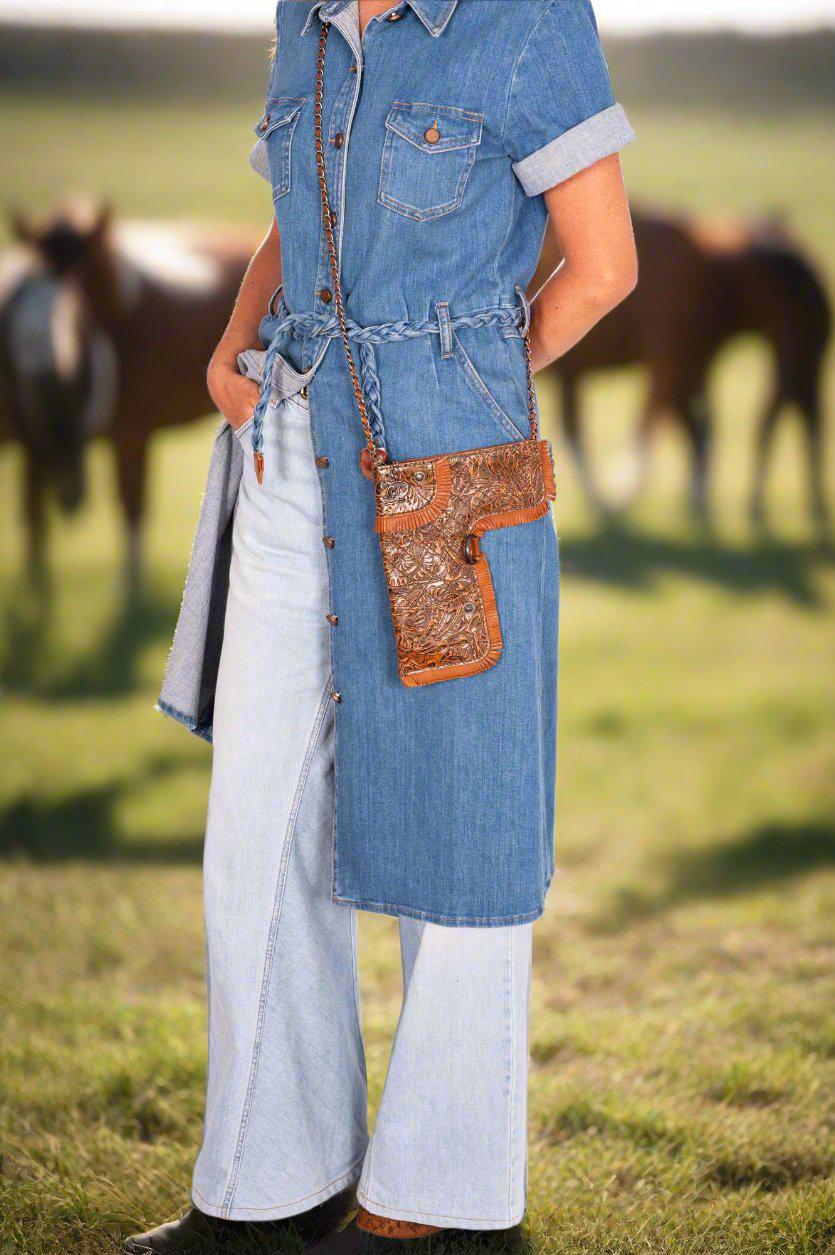 Vintage Chanel Rare Limited Fringe Brown Embossed Gun Holster Crossbody Bag