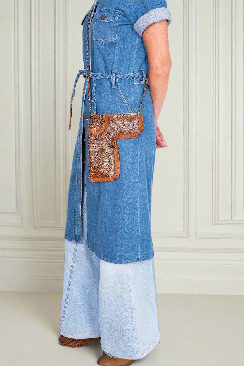 Vintage Chanel Rare Limited Fringe Brown Embossed Gun Holster Crossbody Bag