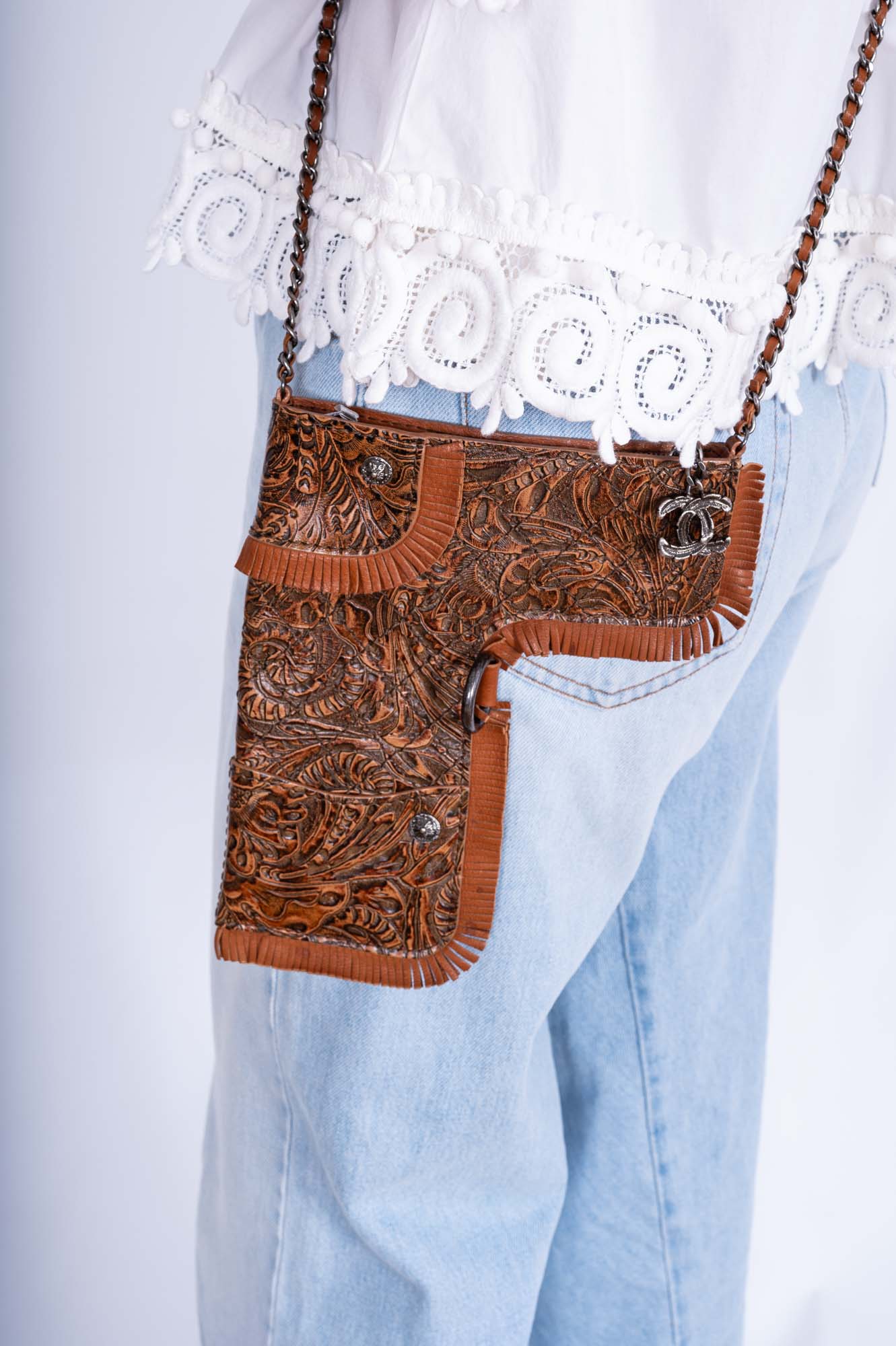 Vintage Chanel Rare Limited Fringe Brown Embossed Gun Holster Crossbody Bag