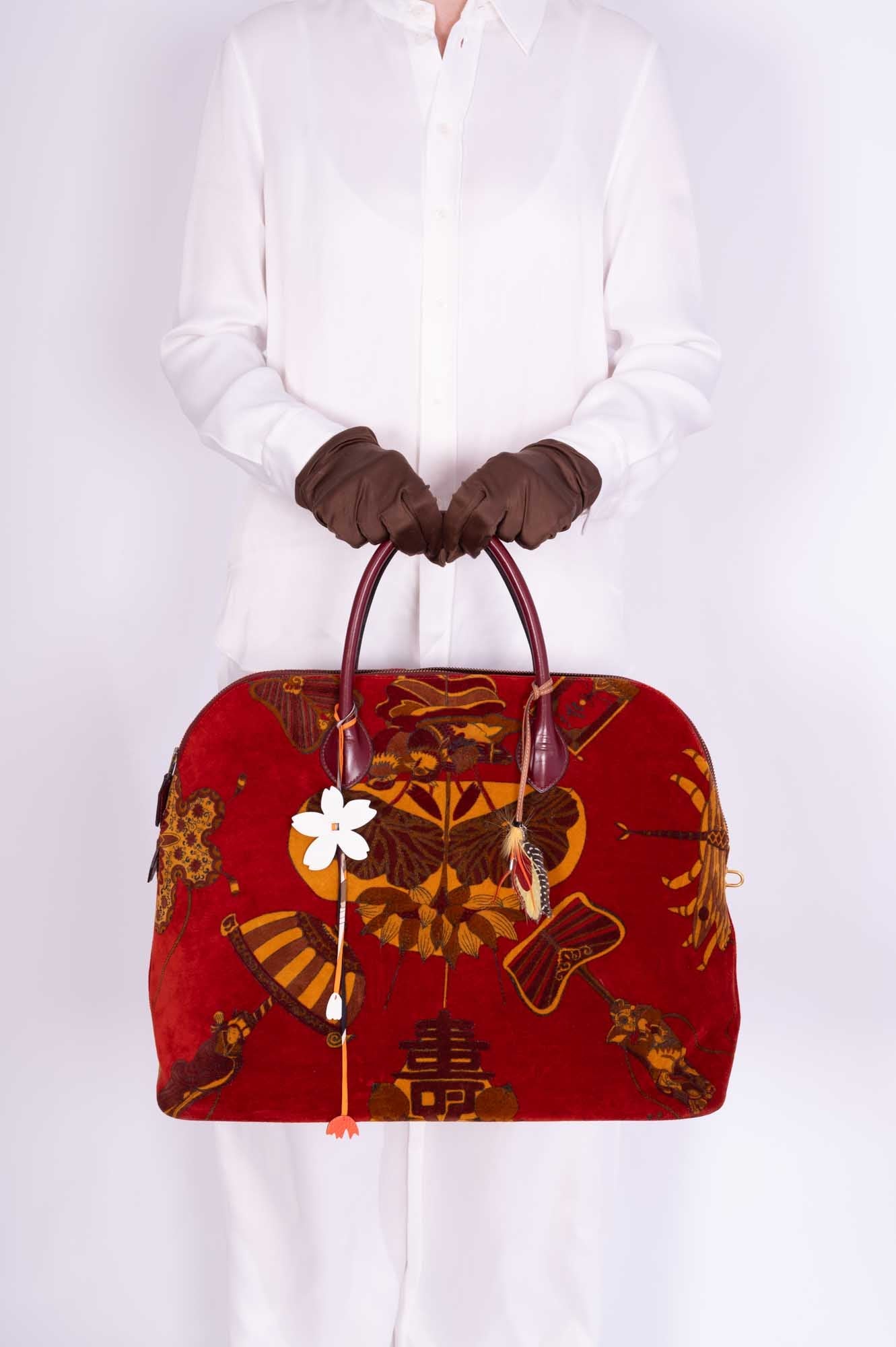 Vintage Hermès Bolide 45 SOIES VOLANTES Rouge H Box and Velvet Travel Bag
